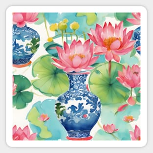 Waterlilies and chinoiserie jars watercolor painting Sticker